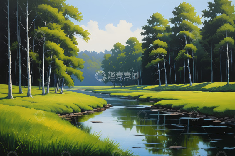 高清大图下载【趣麦麦图】森林中河流与草地自然风光