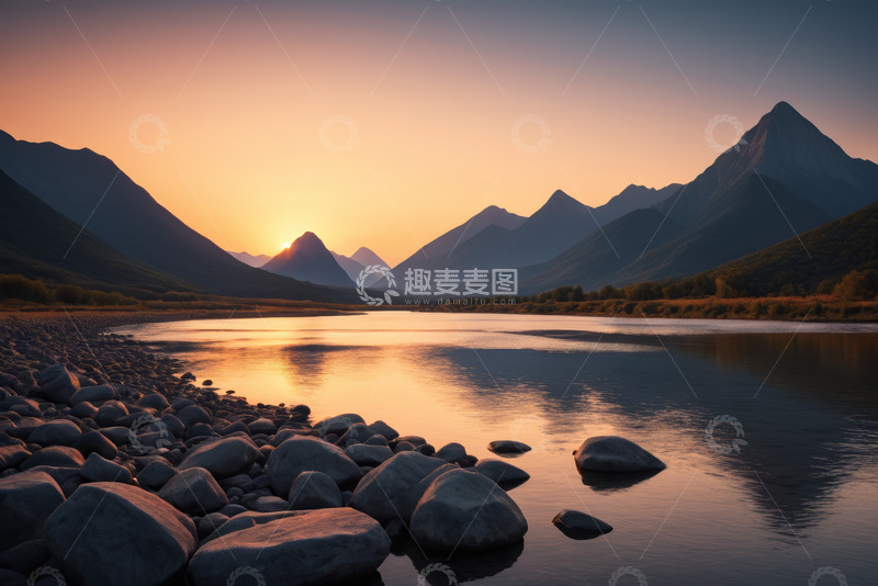 高清大图下载【趣麦麦图】山间湖畔日落自然风光
