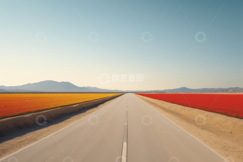 高清大图下载【趣麦麦图】公路两侧多彩花田景观