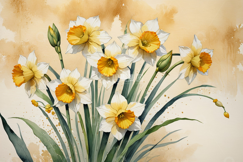 高清大图下载【趣麦麦图】水彩风格水仙花插画