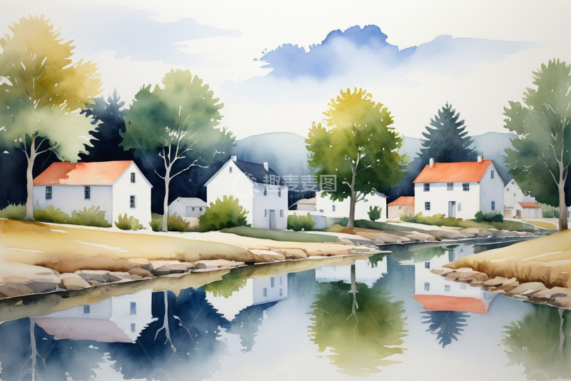 高清大图下载【趣麦麦图】乡村河畔水彩风景