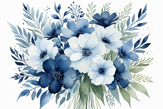 蓝白色花卉水彩插画
