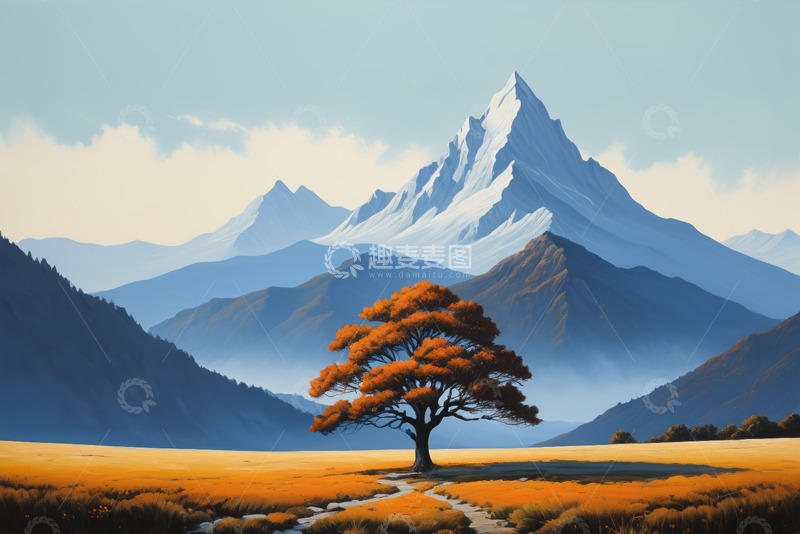 高清大图下载【趣麦麦图】雪山下的旷野孤树风景