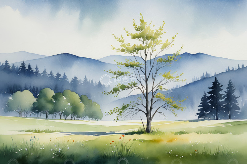 高清大图下载【趣麦麦图】原野中独立树木与远山风景