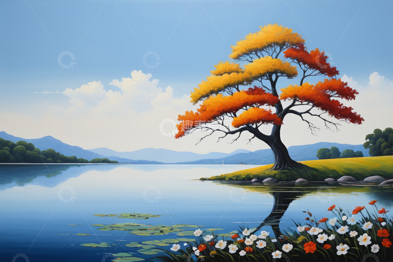 高清大图下载【趣麦麦图】湖畔单棵秋色树木自然风光