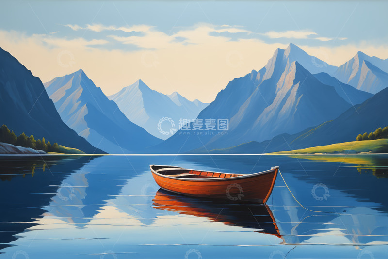 高清大图下载【趣麦麦图】湖面上停泊的小船与远山风景