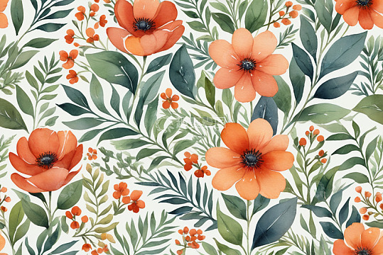 橙色花卉绿叶图案背景素材