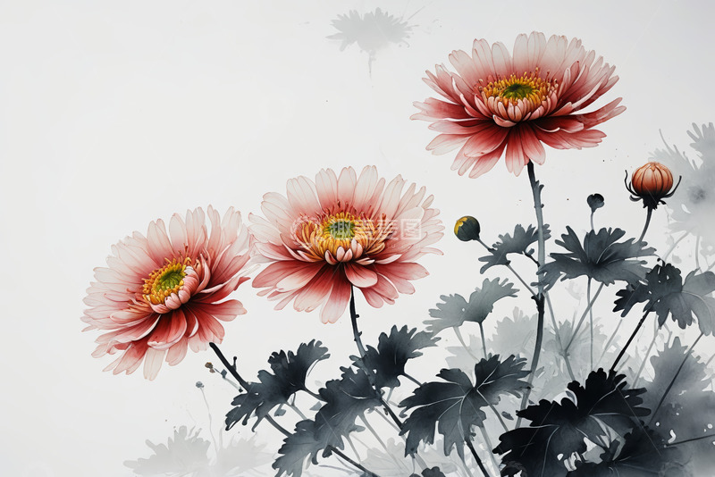 高清大图下载【趣麦麦图】中式水墨画风格盛开的菊花