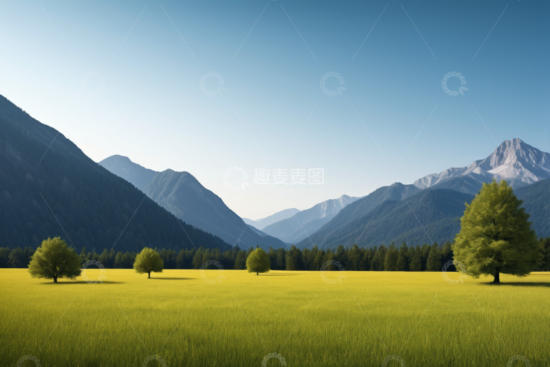 高清大图下载【趣麦麦图】山间黄绿草地与树木风景