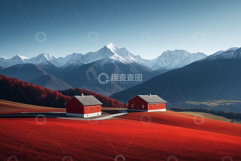 高清大图下载【趣麦麦图】红顶小屋与远山自然风光