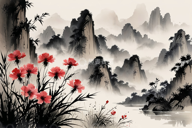 高清大图下载【趣麦麦图】水墨山水间的红花景致