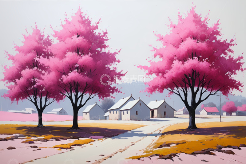 高清大图下载【趣麦麦图】乡村粉色花树与民居风景