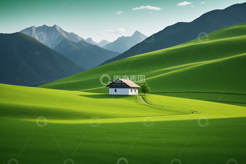 高清大图下载【趣麦麦图】绿色山丘上的独栋小屋景观