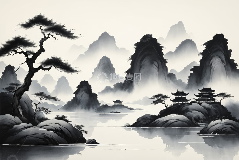 高清大图下载【趣麦麦图】水墨风格山水古建筑景观