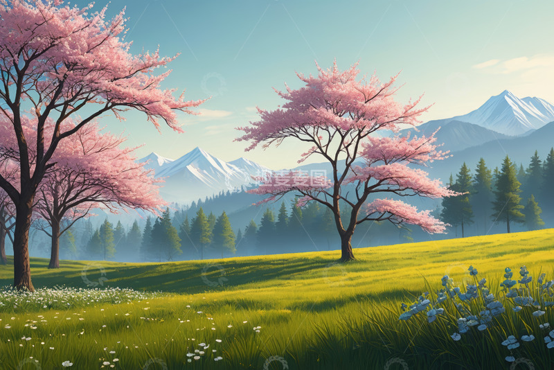 高清大图下载【趣麦麦图】山间草地盛开的粉色樱花树