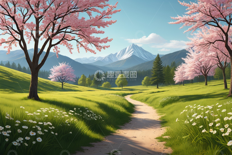 高清大图下载【趣麦麦图】山间草地樱花盛开自然风光