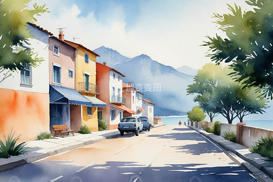海边街道彩色建筑与车辆