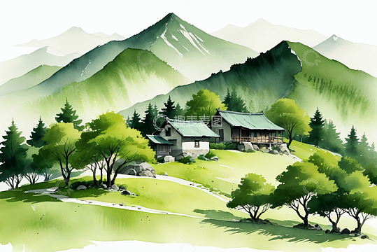山间绿林旁的古朴民居
