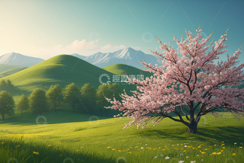 高清大图下载【趣麦麦图】原野上盛开的粉色繁花树