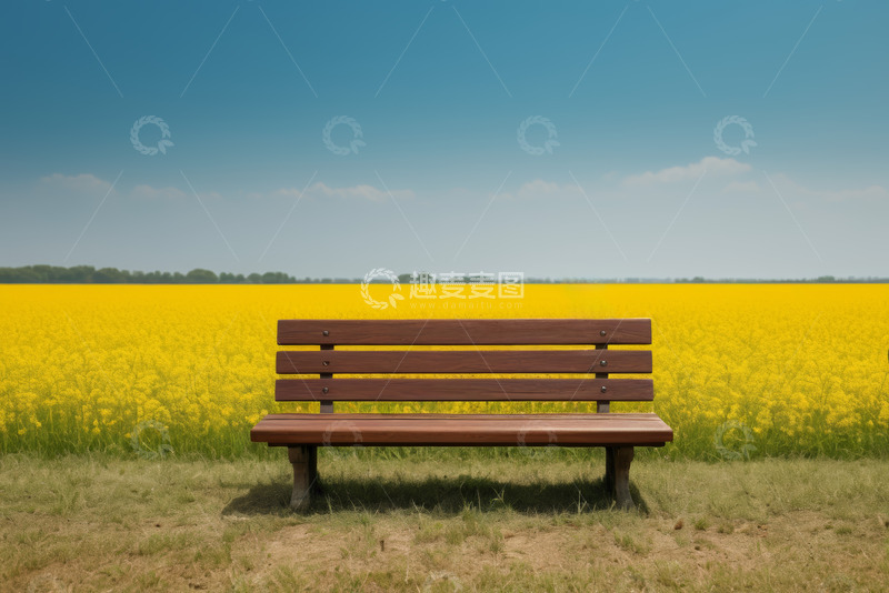 高清大图下载【趣麦麦图】田野中黄色花田前的长椅