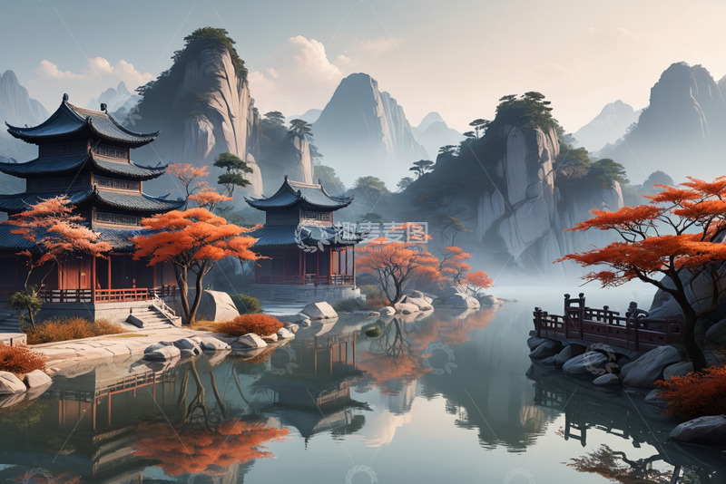 高清大图下载【趣麦麦图】中式古风山水楼阁景观