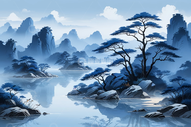 高清大图下载【趣麦麦图】水墨风格山水风景