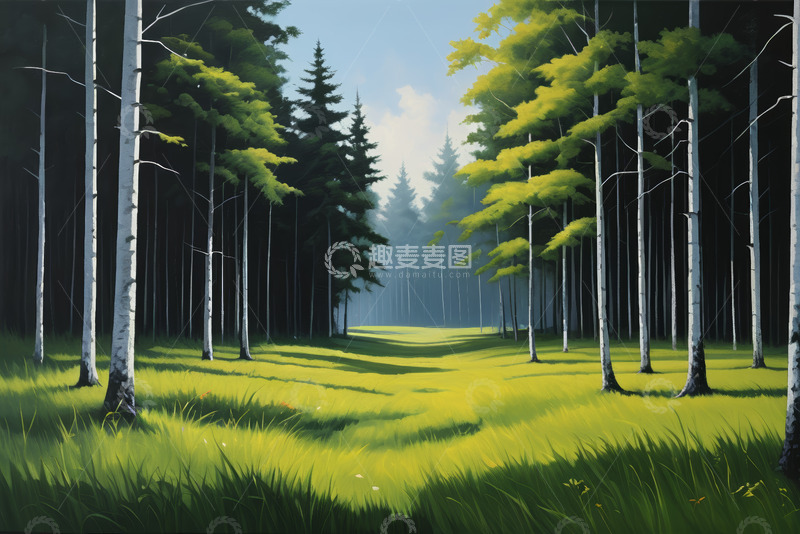 高清大图下载【趣麦麦图】森林中葱郁树木与草地风景