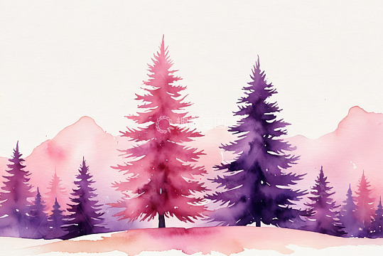水彩风格山林松树景观