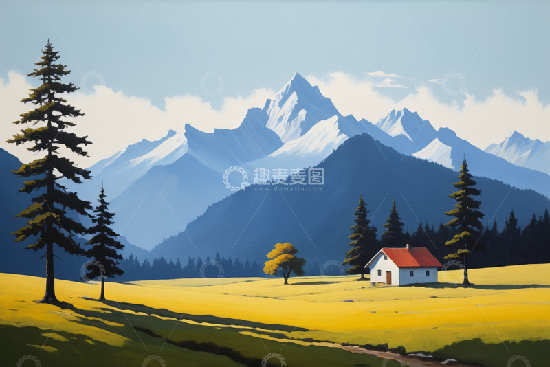 高清大图下载【趣麦麦图】山间草原小屋自然风光
