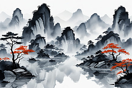 水墨风格山水古建筑风景