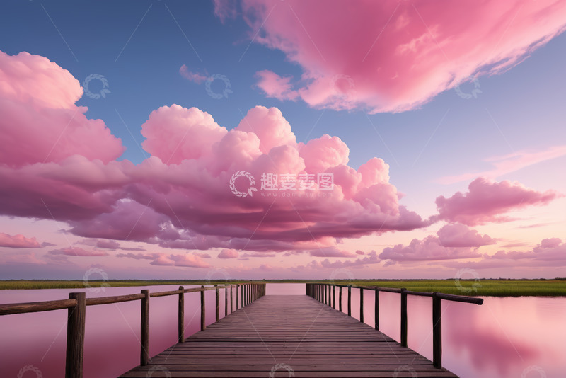 高清大图下载【趣麦麦图】湖边木栈道与梦幻粉色天空