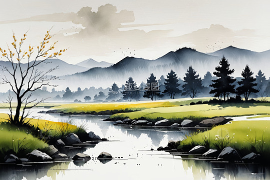 水墨风格山水田园风光
