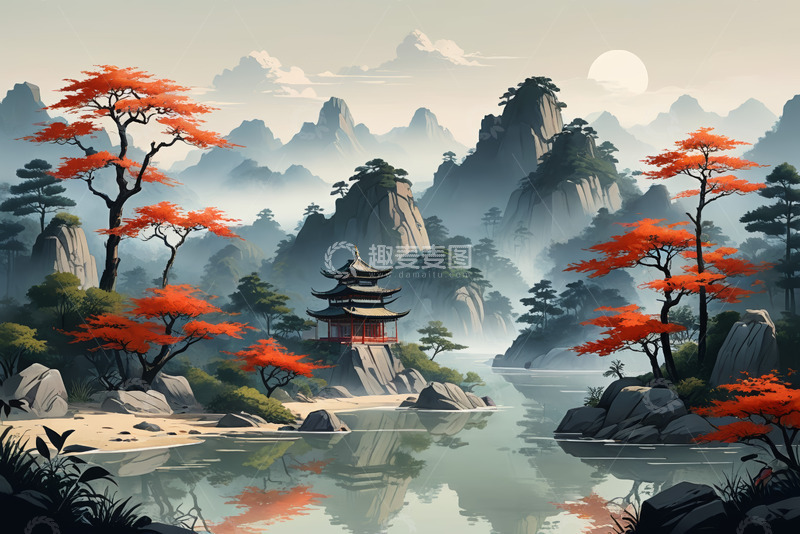 高清大图下载【趣麦麦图】中式山水风景古建筑