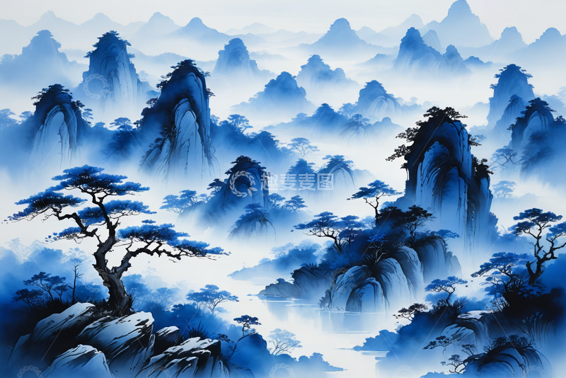 高清大图下载【趣麦麦图】-中式水墨风格山水风景图