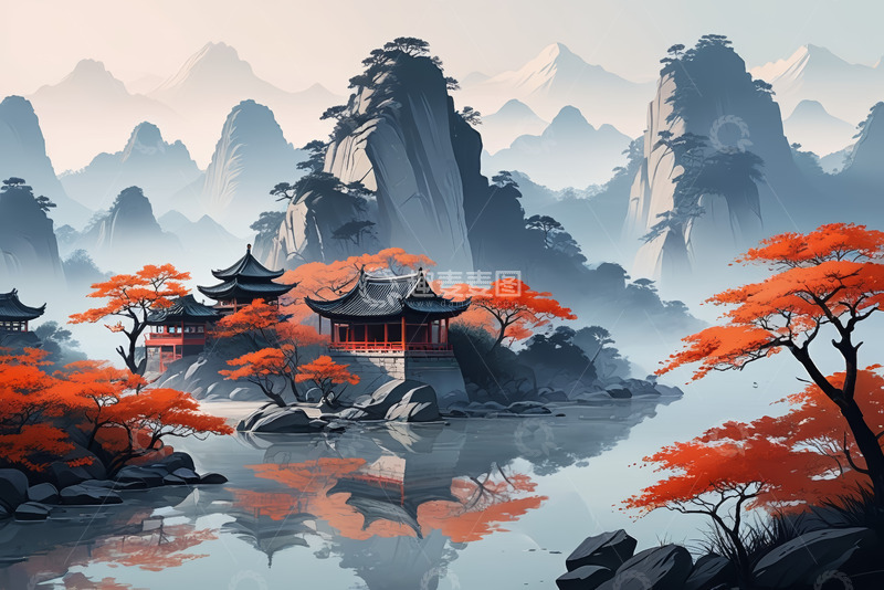 高清大图下载【趣麦麦图】中式山水古建筑风景