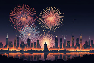 城市夜景烟花绽放全景