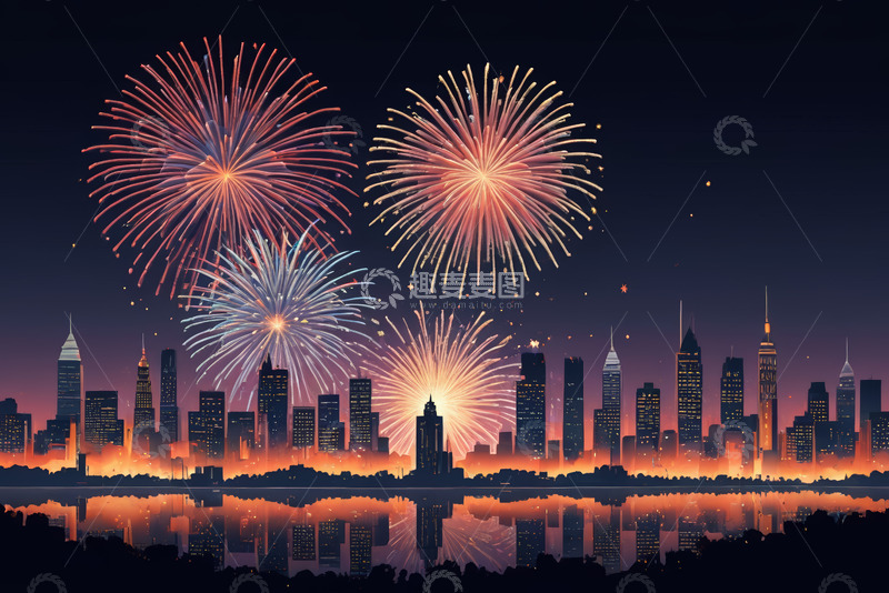 高清大图下载【趣麦麦图】-城市夜景烟花绽放全景