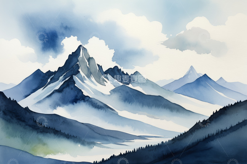 高清大图下载【趣麦麦图】水彩风格雪山与云雾景观