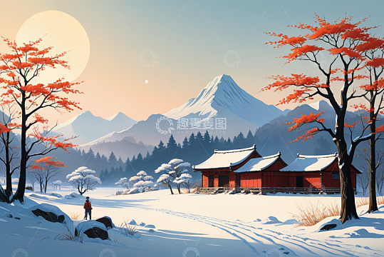 雪中山景前的中式建筑与行人