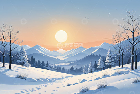 冬日雪山日落自然风光
