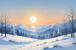 冬日雪山日落自然风光