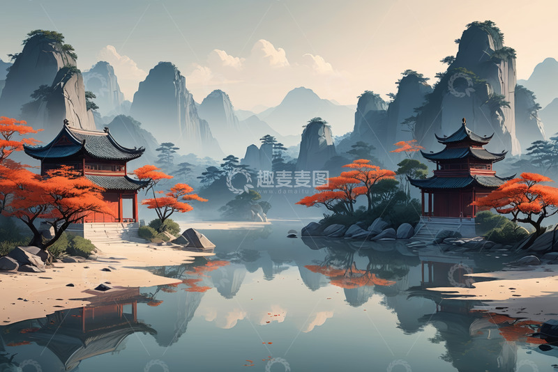 高清大图下载【趣麦麦图】中式山水间的古典建筑风景