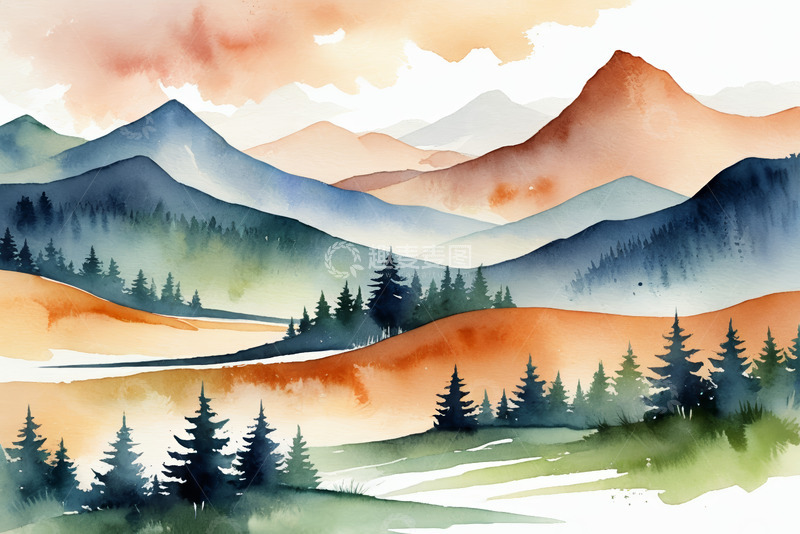 高清大图下载【趣麦麦图】水彩风格山林自然风光