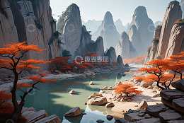 山水间红叶点缀的自然风光