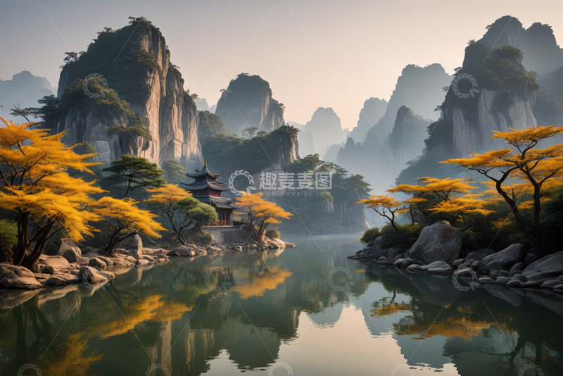 高清大图下载【趣麦麦图】山水间中式古建筑秋日风景