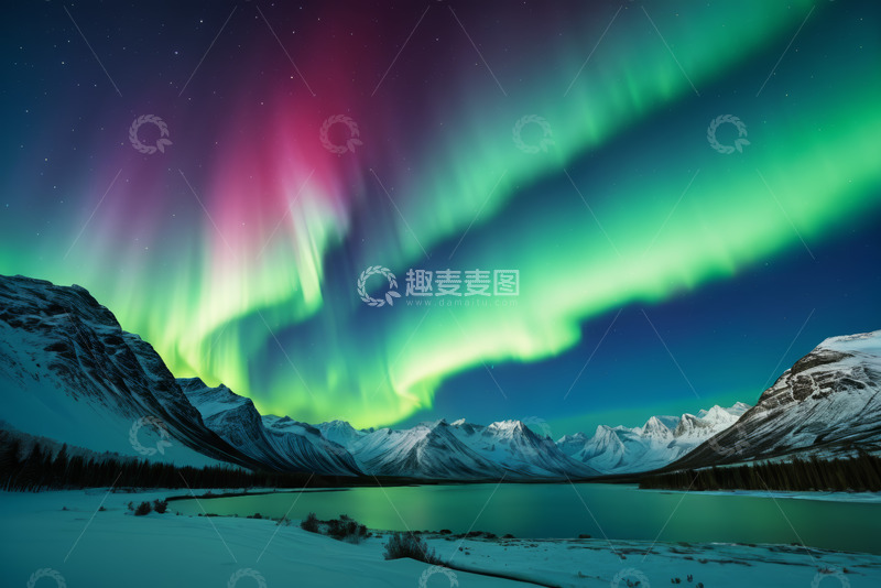 高清大图下载【趣麦麦图】雪山湖泊上空的北极光景观