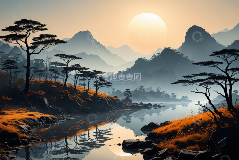 高清大图下载【趣麦麦图】山水间日落自然风光