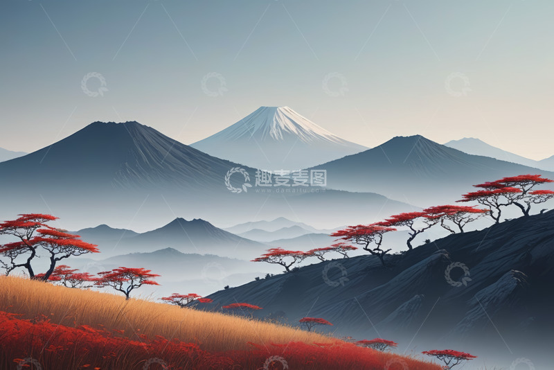 高清大图下载【趣麦麦图】山间红树与远山风景