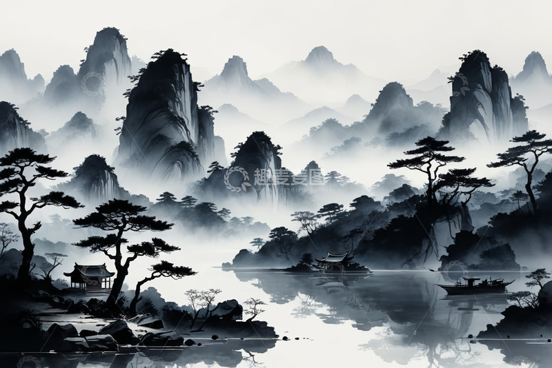 高清大图下载【趣麦麦图】水墨风格山水风景