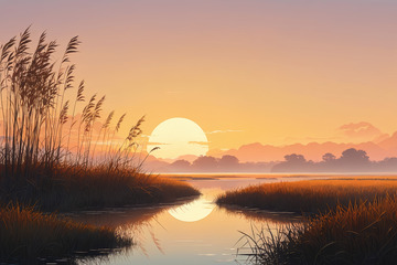 夕阳下河畔芦苇自然风光